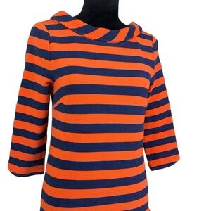 Boden Orange & Dark Blue Striped Collared Boat Neck Knit Blouse US 14